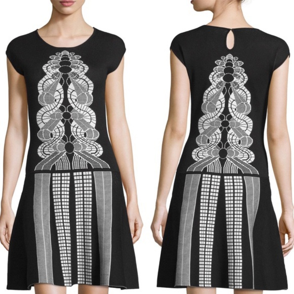 NWT Max Studio Black White Stretchy Jacquard Fit & Flare Knit Dress Womens Small